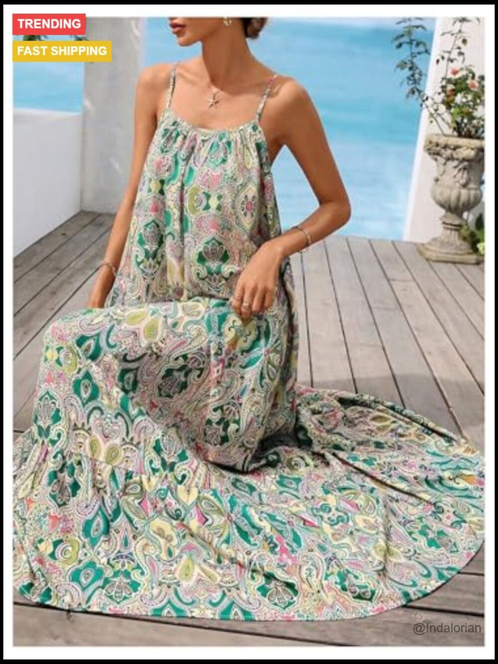 Boho Geo A-Line Maxi Dress Backless Flowy Summer Vacation - Picture 5 of 5